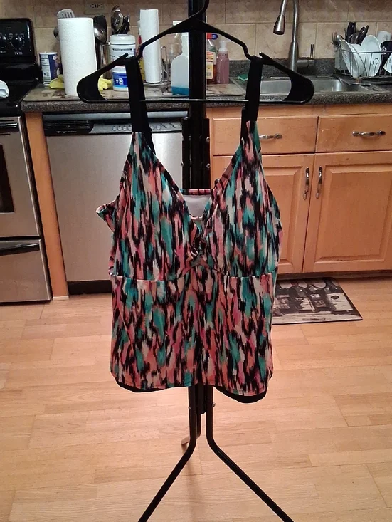 Ava & Viv Teal Pink and Black Abstract V-Neck One-Piece Tankini - Picture 1 of 9